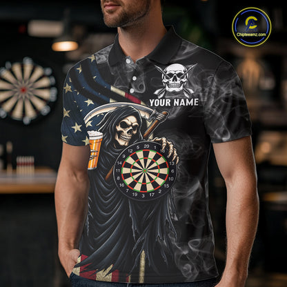 US Flag Grim Reaper Smoke Darts Shirt For Men Custom Beer Darts Team Jersey Polo & 1/4 Zip TDM7971
