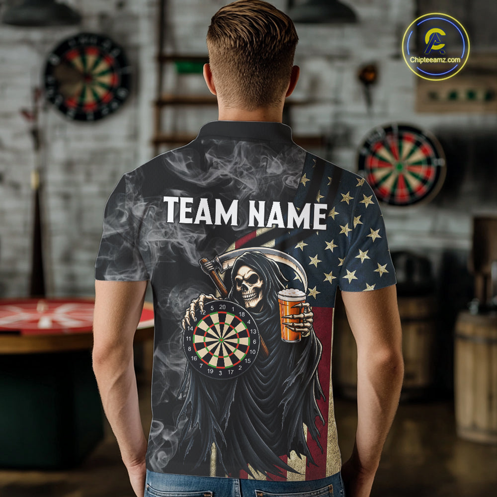 US Flag Grim Reaper Smoke Darts Shirt For Men Custom Beer Darts Team Jersey Polo & 1/4 Zip TDM7971