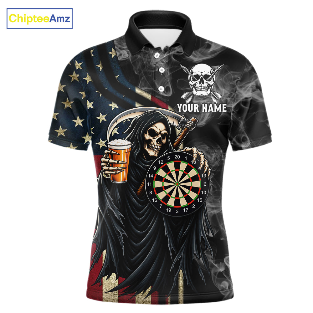 US Flag Grim Reaper Smoke Darts Shirt For Men Custom Beer Darts Team Jersey Polo & 1/4 Zip TDM7971
