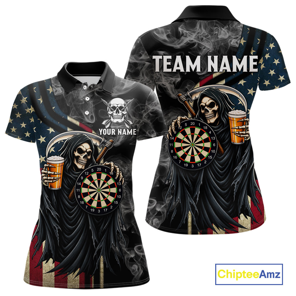 US Flag Grim Reaper Smoke Darts Shirt For Women Custom Beer Darts Team Jersey Polo & 1/4 Zip TDM7971