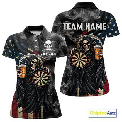 US Flag Grim Reaper Smoke Darts Shirt For Women Custom Beer Darts Team Jersey Polo & 1/4 Zip TDM7971