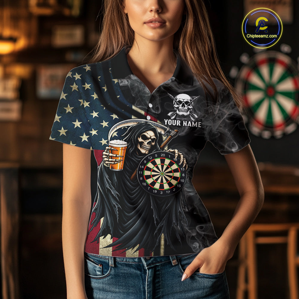 US Flag Grim Reaper Smoke Darts Shirt For Women Custom Beer Darts Team Jersey Polo & 1/4 Zip TDM7971