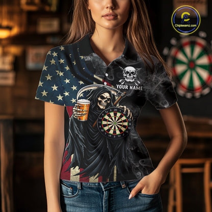 US Flag Grim Reaper Smoke Darts Shirt For Women Custom Beer Darts Team Jersey Polo & 1/4 Zip TDM7971