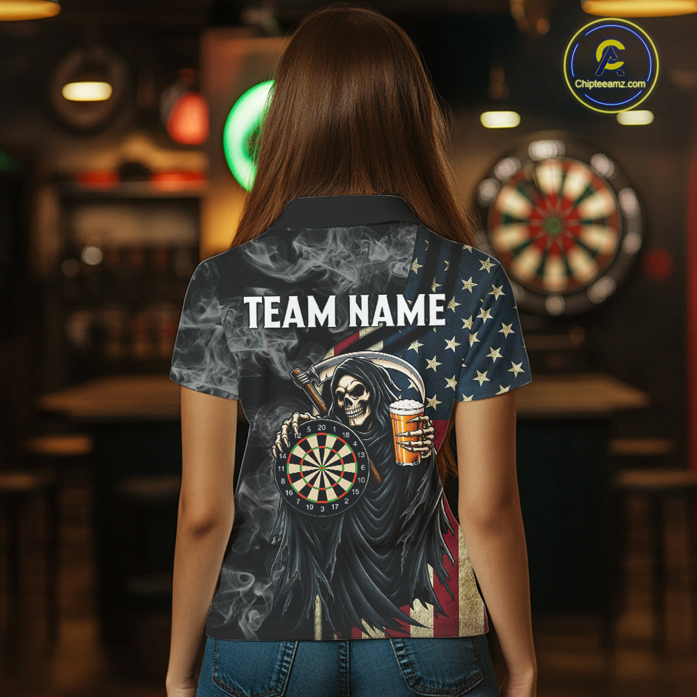 US Flag Grim Reaper Smoke Darts Shirt For Women Custom Beer Darts Team Jersey Polo & 1/4 Zip TDM7971