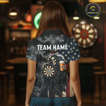 US Flag Grim Reaper Smoke Darts Shirt For Women Custom Beer Darts Team Jersey Polo & 1/4 Zip TDM7971