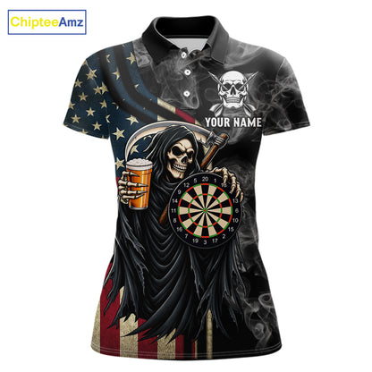 US Flag Grim Reaper Smoke Darts Shirt For Women Custom Beer Darts Team Jersey Polo & 1/4 Zip TDM7971