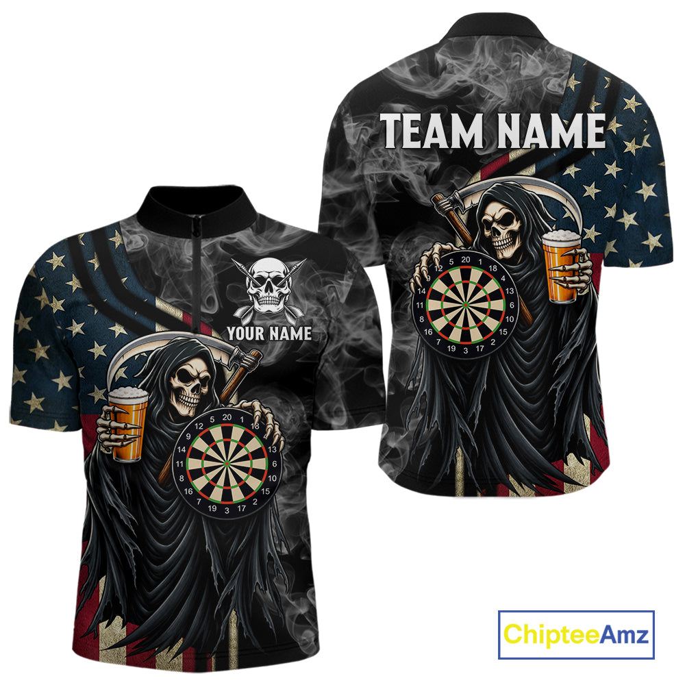 US Flag Grim Reaper Smoke Darts Shirt For Men Custom Beer Darts Team Jersey Polo & 1/4 Zip TDM7971