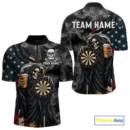 US Flag Grim Reaper Smoke Darts Shirt For Men Custom Beer Darts Team Jersey Polo & 1/4 Zip TDM7971