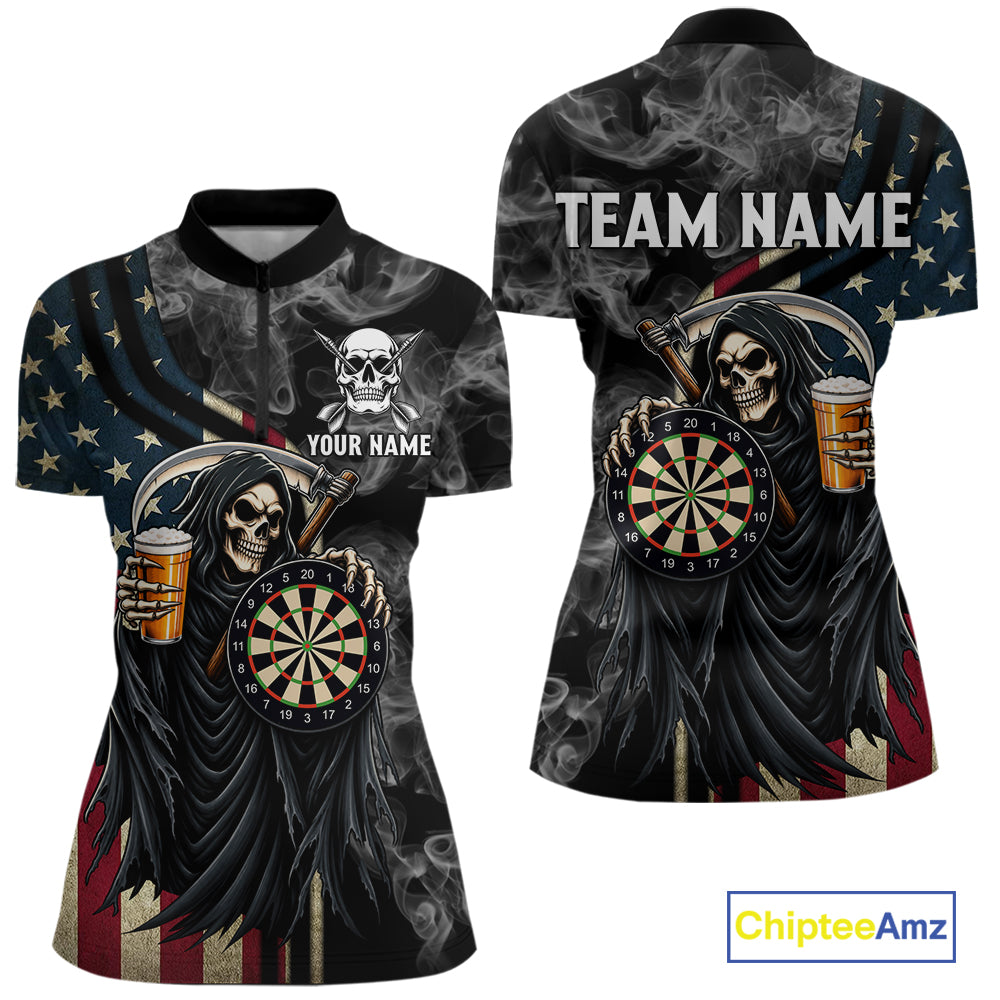 US Flag Grim Reaper Smoke Darts Shirt For Women Custom Beer Darts Team Jersey Polo & 1/4 Zip TDM7971