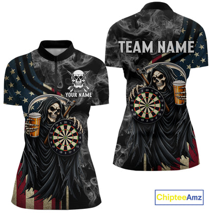 US Flag Grim Reaper Smoke Darts Shirt For Women Custom Beer Darts Team Jersey Polo & 1/4 Zip TDM7971