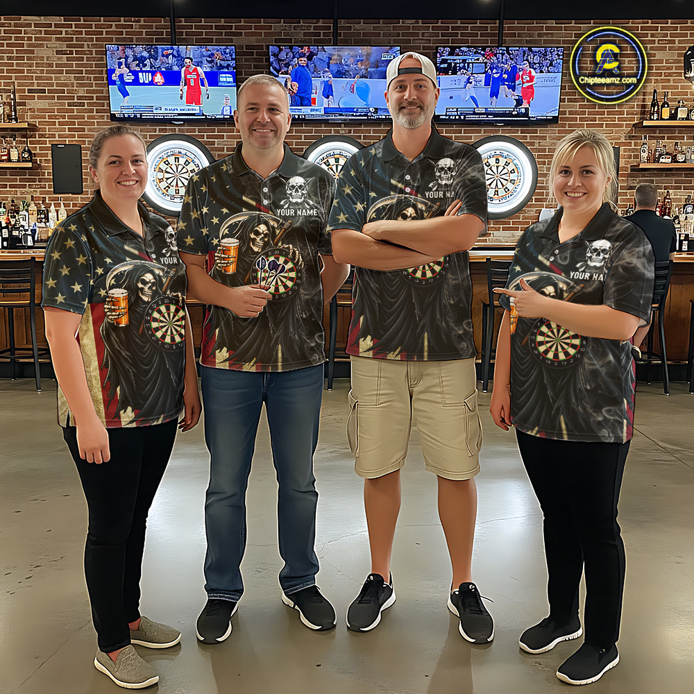 US Flag Grim Reaper Smoke Darts Shirt For Women Custom Beer Darts Team Jersey Polo & 1/4 Zip TDM7971
