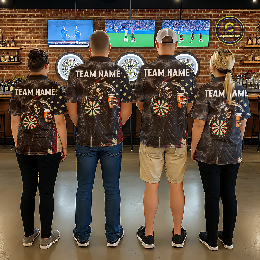 US Flag Grim Reaper Smoke Darts Shirt For Women Custom Beer Darts Team Jersey Polo & 1/4 Zip TDM7971