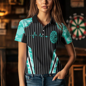 Turquoise Camo Dartboard Pulse Heartbeat Custom Women Dart Shirts, Funny Wings Cool Dart Team Jerseys TDM3618