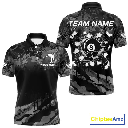 Personalized Grunge Camo Billiard Shirts For Men, Funny 8 Ball Pool Team Jersey Polo & 1/4 Zip TDM6155