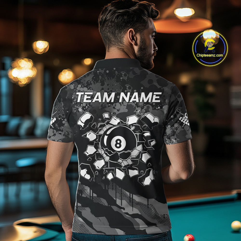 Personalized Grunge Camo Billiard Shirts For Men, Funny 8 Ball Pool Team Jersey Polo & 1/4 Zip TDM6155