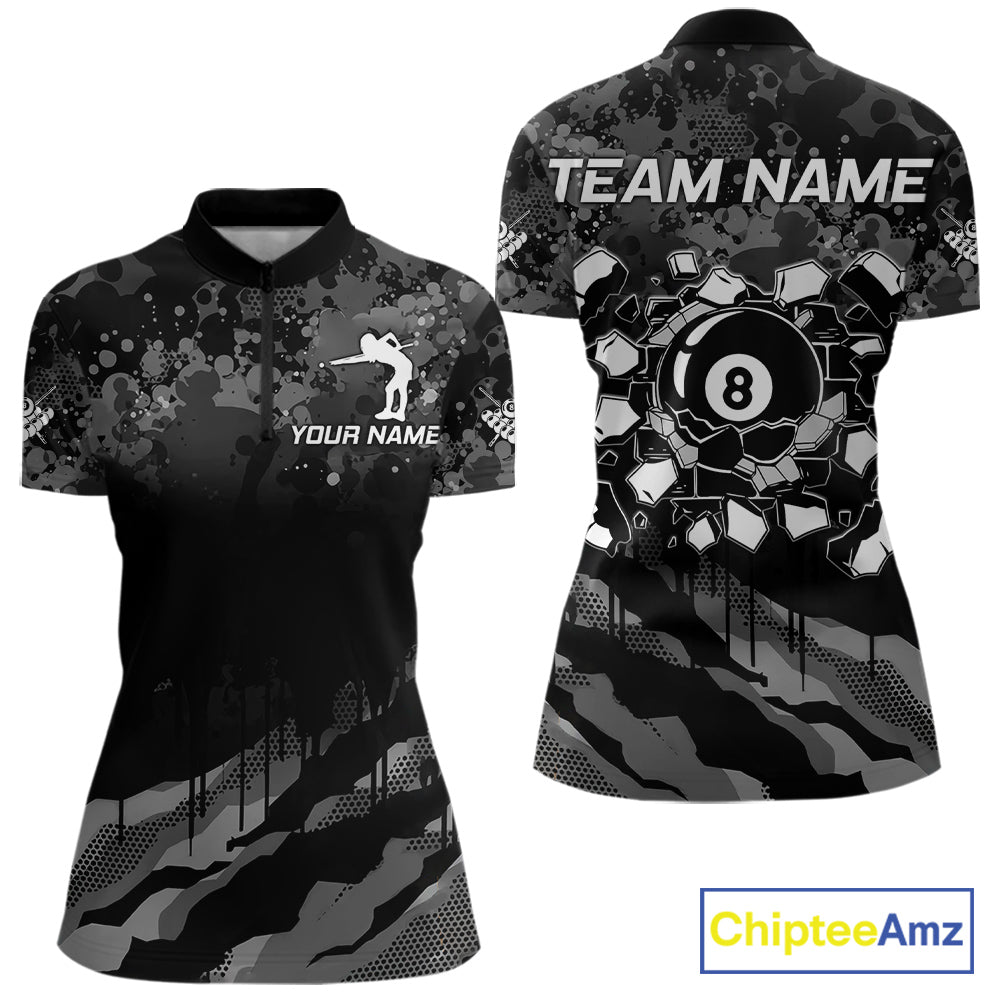 Personalized Grunge Camo Billiard Shirts For Women, Funny 8 Ball Pool Team Jersey Polo & 1/4 Zip TDM6155
