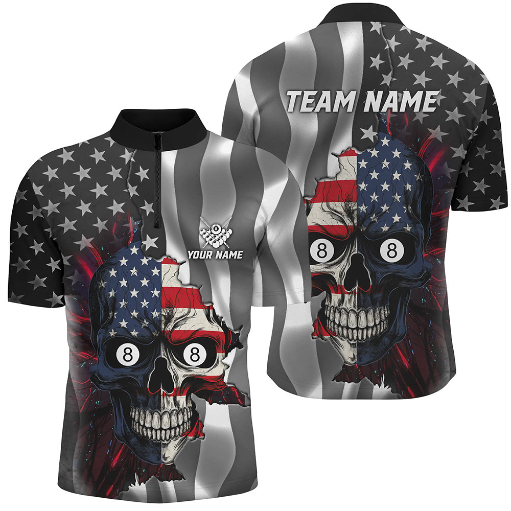 Personalized Billiard Skull American Flag Men Quarter-Zip Shirt, Patriotic Billiard Jersey TDM1507