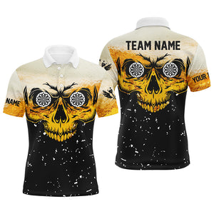 Custom Grunge Yellow Black Skull Darts Men Polo Shirts, Personalized Team League Darts Shirts TDM1514