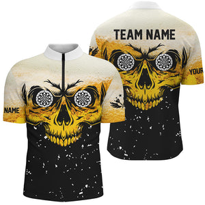 Custom Grunge Yellow Black Skull Darts Men Quarter-Zip Shirts, Team League Darts Shirts TDM1514