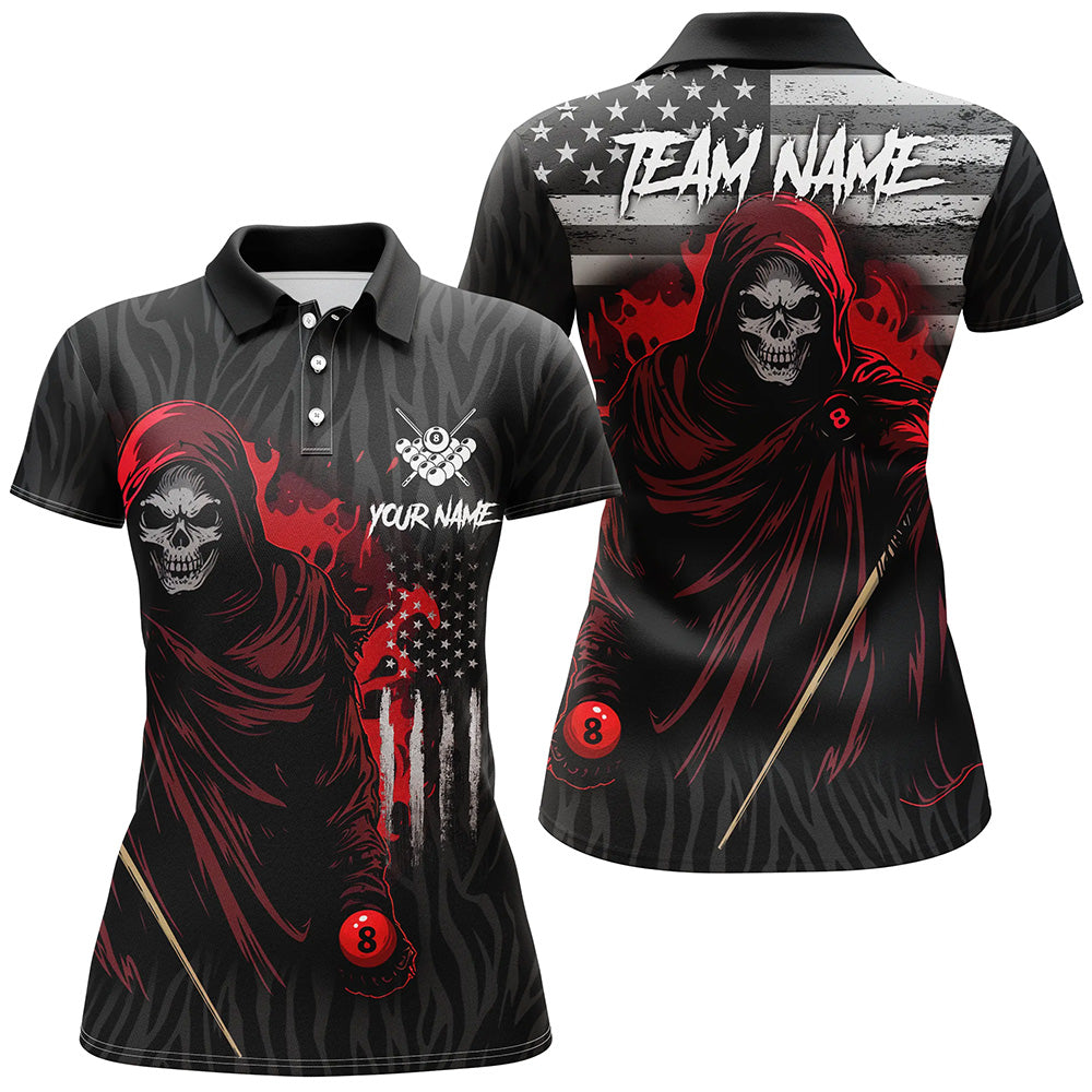 Billiard Skull Retro US Flag Women Polo & Quarter-Zip Shirts Custom Billiard Jerseys |Red TDM1673