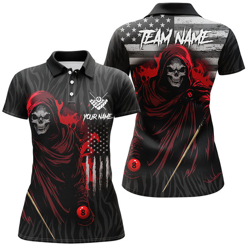 Billiard Death Skull Retro US Flag Women Polo & Quarter-Zip Shirts Custom Billiard Jerseys |Red TDM1673