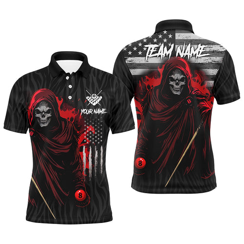 Billiard Death Skull Retro US Flag Men Polo & Quarter-Zip Shirts Custom Billiard Jerseys |Red TDM1673