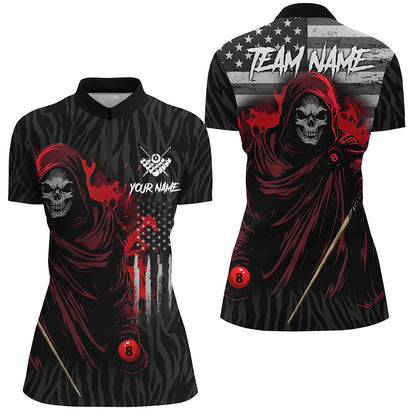 Billiard Skull Retro US Flag Women Polo & Quarter-Zip Shirts Custom Billiard Jerseys |Red TDM1673