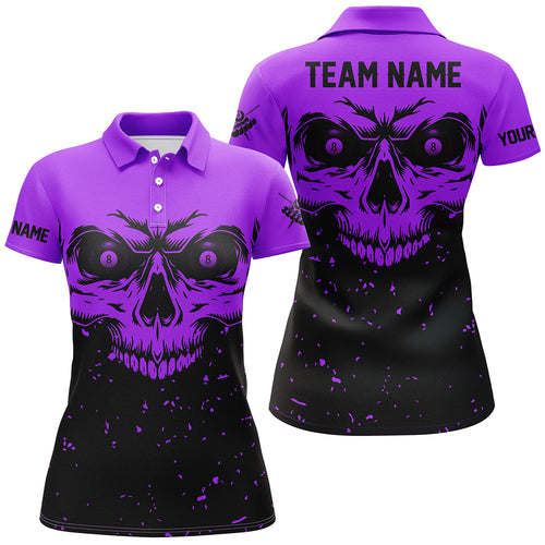 Custom Grunge Purple Black Skull Billiard Women Jerseys Shirts, 8 Ball Billiards Apparel Clothing TDM1877