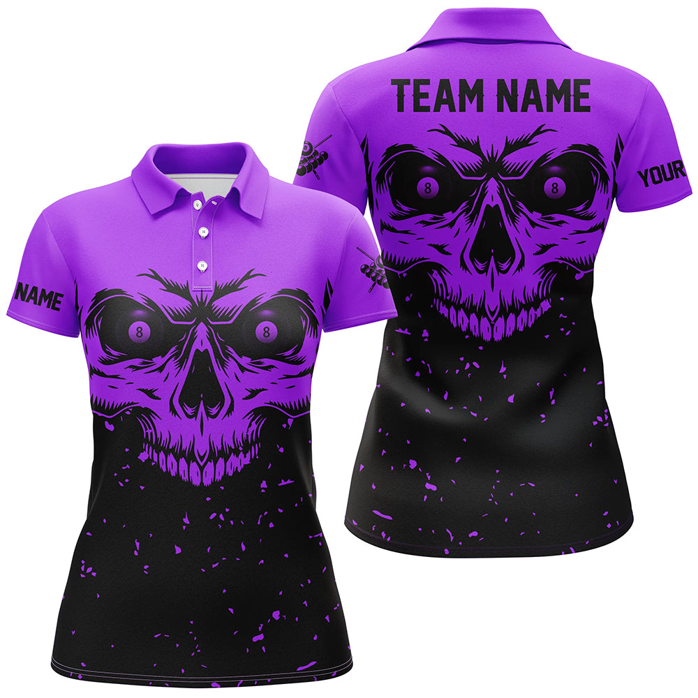 Custom Grunge Purple Black Skull Billiard Women Jerseys Shirts, 8 Ball Billiards Apparel Clothing TDM1877