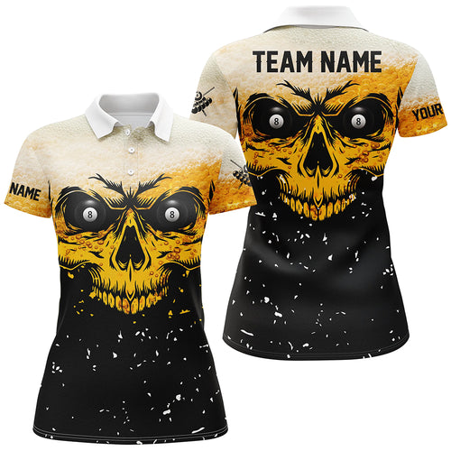 Custom Grunge Yellow Black Skull Billiard Women Jerseys Shirts, 8 Ball Billiards Apparel Clothing TDM1878
