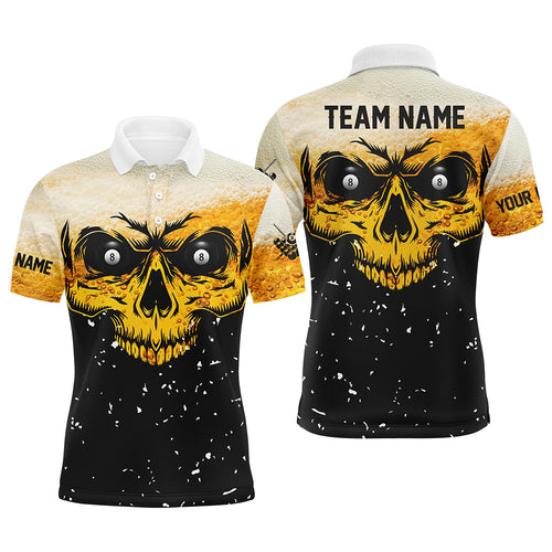 Custom Grunge Yellow Black Skull Billiard Men Jerseys Shirts, 8 Ball Billiards Apparel Clothing TDM1878