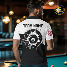 Load image into Gallery viewer, Back view of man wearing a black and white 8 ball billiard team jersey, custom pool tournament shirt.