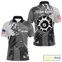 Load image into Gallery viewer, Grey grunge 8 ball custom billiard polo shirt for men, personalized pool team jersey for tournaments.