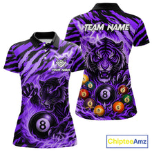 Load image into Gallery viewer, Purple flaming tiger 8 ball custom billiard polo shirt for women, personalized pool team jersey for tournaments.