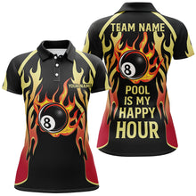 Load image into Gallery viewer, Pool Is My Happy Hour Billiard Shirts For Women, 8 Ball Fire Flame Custom Black Billiard Jerseys TDM2087