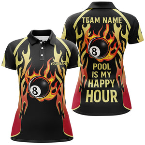 Pool Is My Happy Hour Billiard Shirts For Women, 8 Ball Fire Flame Custom Black Billiard Jerseys TDM2087