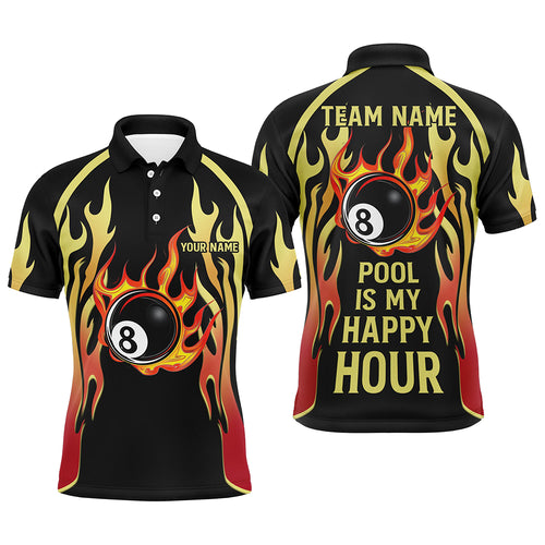 Pool Is My Happy Hour Billiard Shirts For Men, 8 Ball Fire Flame Custom Black Billiard Jerseys TDM2087