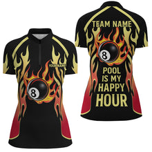 Load image into Gallery viewer, Pool Is My Happy Hour Billiard Shirts For Women, 8 Ball Fire Flame Custom Black Billiard Jerseys TDM2087