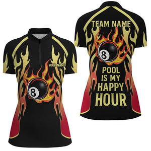 Pool Is My Happy Hour Billiard Shirts For Women, 8 Ball Fire Flame Custom Black Billiard Jerseys TDM2087