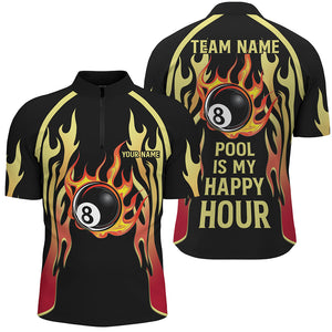 Pool Is My Happy Hour Billiard Shirts For Men, 8 Ball Fire Flame Custom Black Billiard Jerseys TDM2087