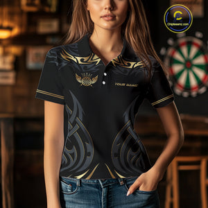 Black And Gold Dartboard Crown Wings Custom Darts Shirt For Women, Darts Team Jerseys Polo & 1/4 Zip TDM4420