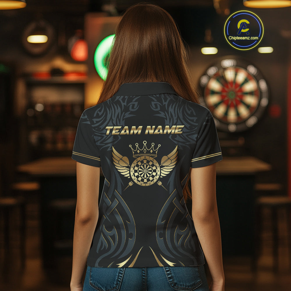 Black And Gold Dartboard Crown Wings Custom Darts Shirt For Women, Darts Team Jerseys Polo & 1/4 Zip TDM4420