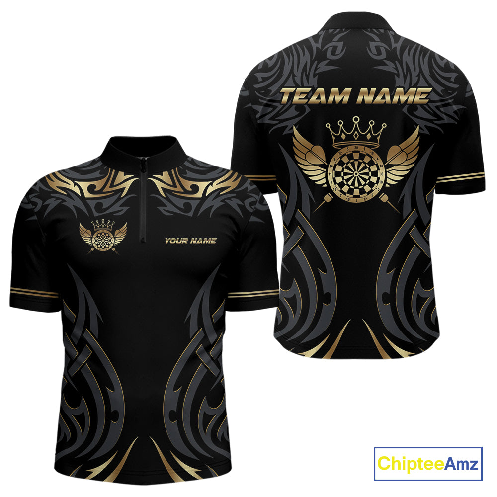Black And Gold Dartboard Crown Wings Custom Darts Shirt For Men, Darts Team Jerseys Polo & 1/4 Zip TDM4420