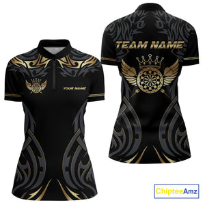 Black And Gold Dartboard Crown Wings Custom Darts Shirt For Women, Darts Team Jerseys Polo & 1/4 Zip TDM4420