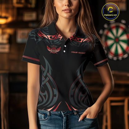 Black And Red Dartboard Crown Wings Custom Darts Shirt For Women, Darts Team Jerseys Polo & 1/4 Zip TDM4421
