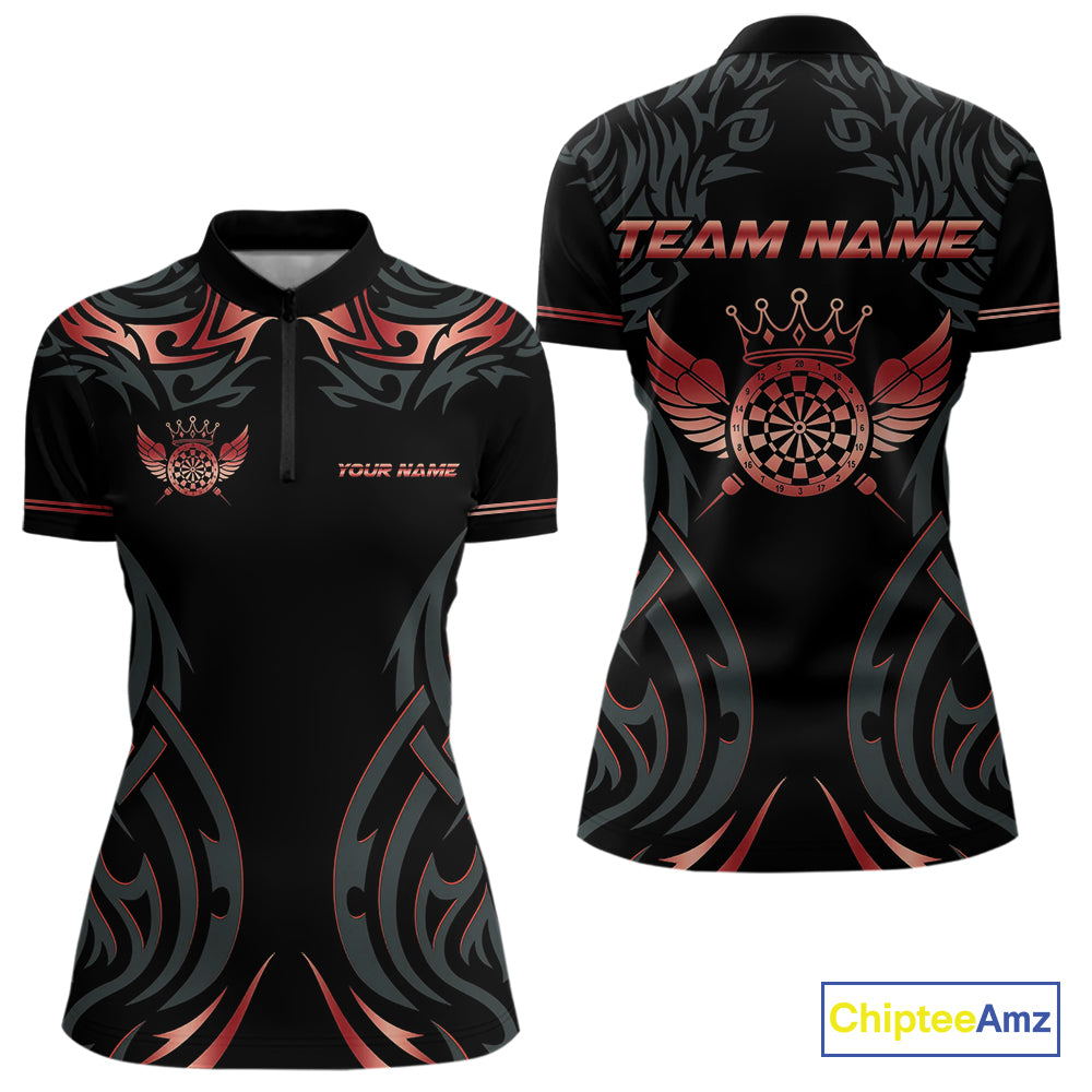 Black And Red Dartboard Crown Wings Custom Darts Shirt For Women, Darts Team Jerseys Polo & 1/4 Zip TDM4421