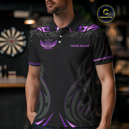 Black And Purple Dartboard Crown Wings Custom Darts Shirt For Men, Dart Team Jersey Polo & 1/4 Zip TDM4422