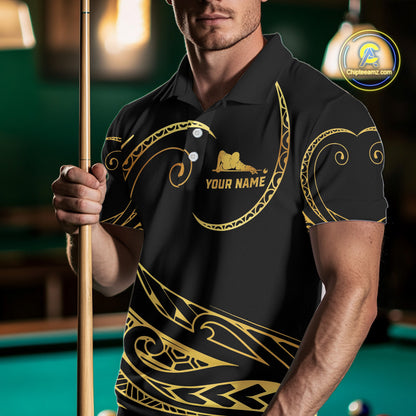 Man Wearing Personalized Black and Gold 9 Ball Tribal Pattern Billiard Polo Shirt with Athletic Performance Fit and Premium Tribal Artwork, Front View