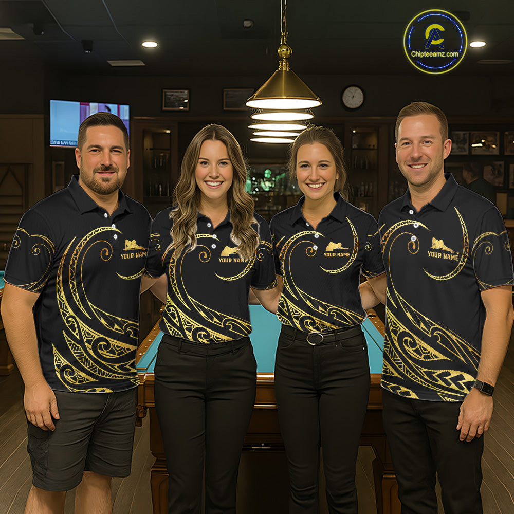 Pool Team Wearing Personalized Black and Gold 9 Ball Tribal Pattern Billiard Jerseys During League Competition and Tournament Matches, Front View
