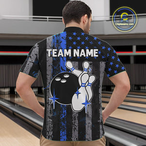Blue Grunge American Flag Patriotic Bowling Shirt For Men Custom Bowling Team Jersey Polo, 1/4 Zip TDM4851